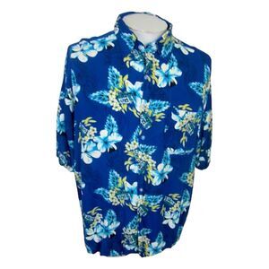 Studio 35 Tiki Hibiscus Floral‎ Blue Button Up Collar Hawaiian Shirt Size XL